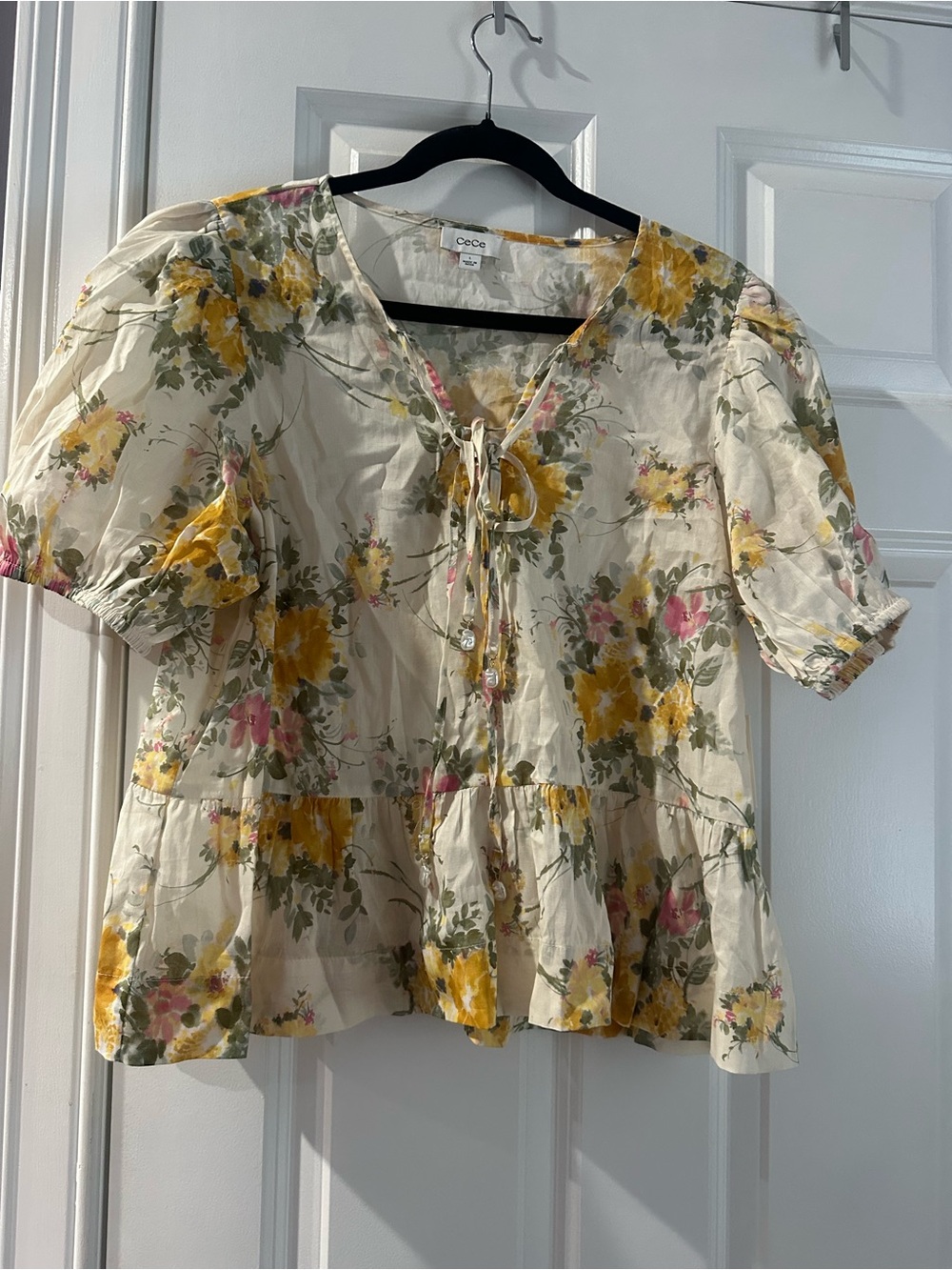 CeCe Cream Floral Tie-Neck Peplum Blouse with Yellow & Pink Flowers